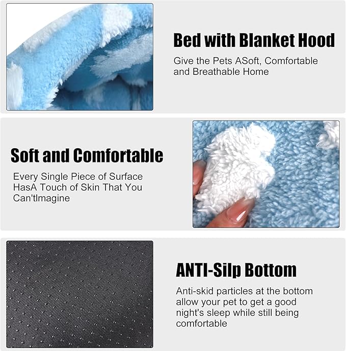 HYQ Cat Beds for Indoor Cats, Small Dog Bed with Cover Cave, Cozy Cat Cave Bed, Round Puppy Bed with Hooded Cover, Dog Beds for Small Dogs with Anti-Slip Bottom(Blue, 16×16 Inch)