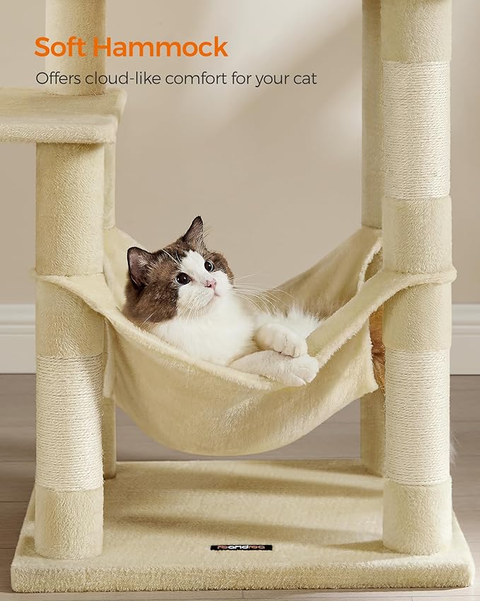 Feandrea Cat Tree, 56.3-Inch Cat Tower for Indoor Cats, Multi-Level Cat Condo with 4 Scratching Posts, 2 Perches, Hammock, Cave, Beige UPCT161M01