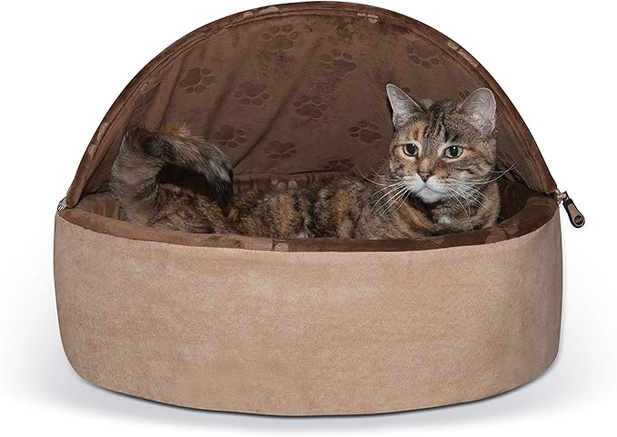 K&H Pet Products Self-Warming Kitty Bed Hooded Pet Bed for Cats or Dogs Chocolate/Tan Large 20 Inches
