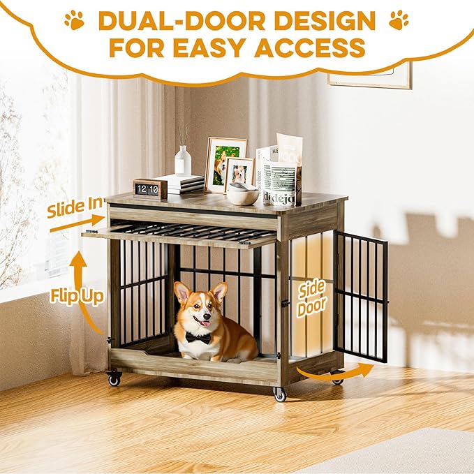 32" Dog Crate Furniture, Double Door Wooden Indoor Dog Kennel Furniture, Decorative Pet Cage End Table with Wheels for Medium and Small Breed Dogs, Size M, Rustic Brown