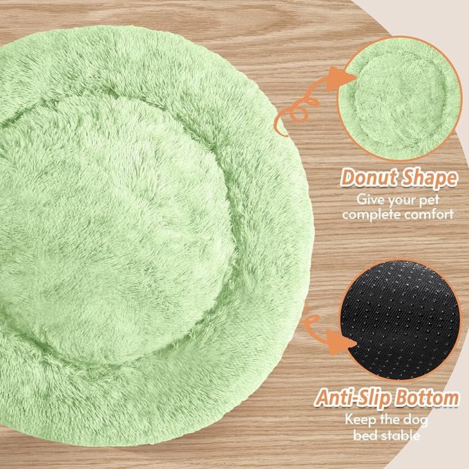 JOLLYVOGUE Small Dog & Cat Beds for Indoor Cats, Donut Cuddler Warming Soft Dog Beds with Anti-Slip Bottom, Round Calming Fluffy Plush Faux Fur Cushion Bed for Small Dogs (20", Light Green)
