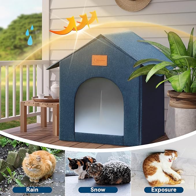 Outdoor Cat House Feral Cat Shelter,Outside Waterproof Cat House for Outdoor/Indoor Cats, Insulated Cat Bed for All Seasons with Cozy Cushion Easy to Assemble (Navy Blue, Floor Spike Style)