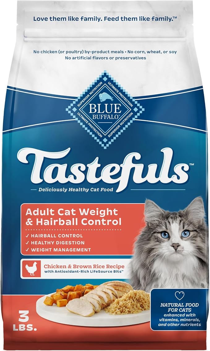 Blue Buffalo Tastefuls Weight & Hairball Control Natural Dry Food for Adult Cats, 3-lb. Bag
