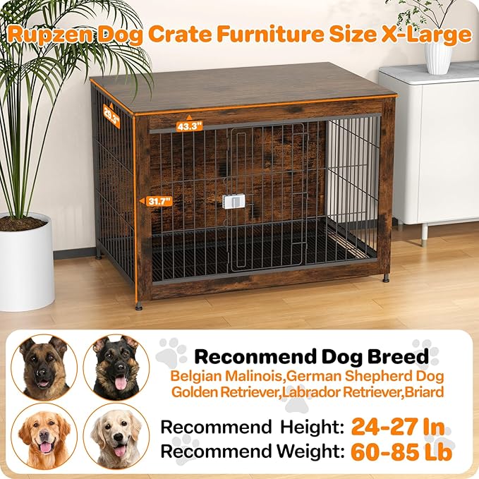 Dog Crate Furniture, Wooden Dog Crate 43in, Decorative Cage with End Table for Dog Indoor Kennel, High Anxiety Dog, Escape-Proof Locks for All Breeds