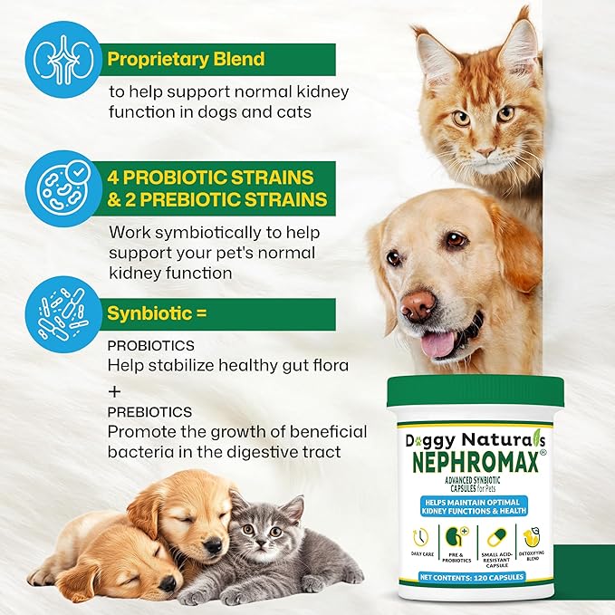 NEPHROMAX™ Synbiotic Capsules for Kidney Support for Dogs & Cats (120 Small Capsules) - Advanced Next-Generation Enteric detoxifying Proprietary Blend of Pre & Probiotics for Kidney Function,U.S.A