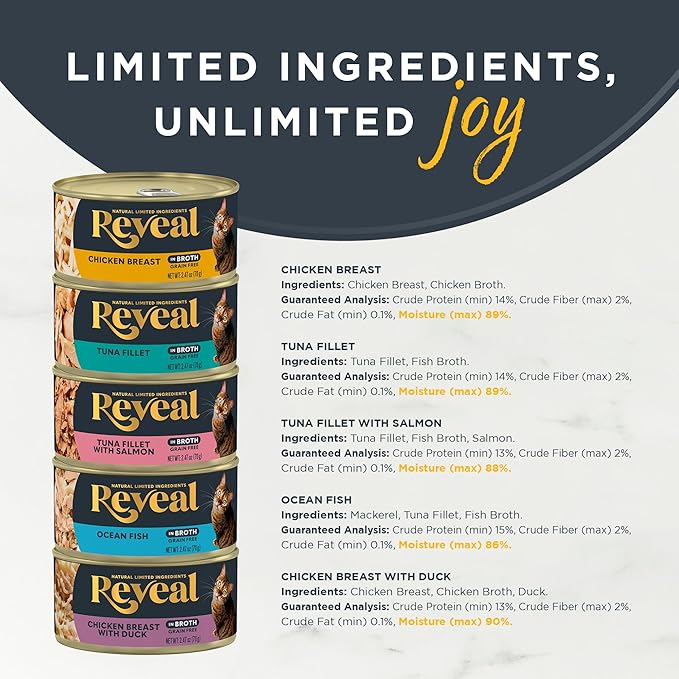 Reveal Natural Wet Cat Food, 30 Count, Grain Free, Limited Ingredient Canned Food for Cats, Fish and Chicken Variety in Broth, 2.47 oz Cans