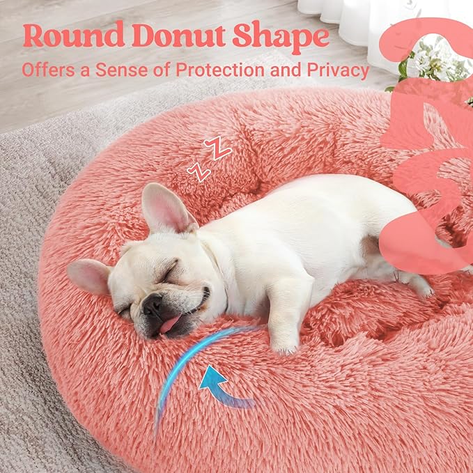 rabbitgoo Calming Dog Bed for Small Medium Dog, 27 inches Pet Bed Machine Washable, Non-Slip Round Fluffy Plush Faux Fur Dog Bed, Soft Donut Cuddler Cushion for Small Dog, Pink