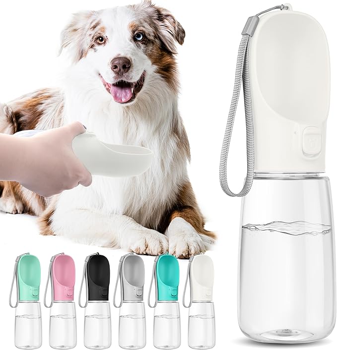 Portable Dog Water Bottle with Bowl, Leak Proof, Convenient for Walking, Hiking and Camping (White, 19oz)