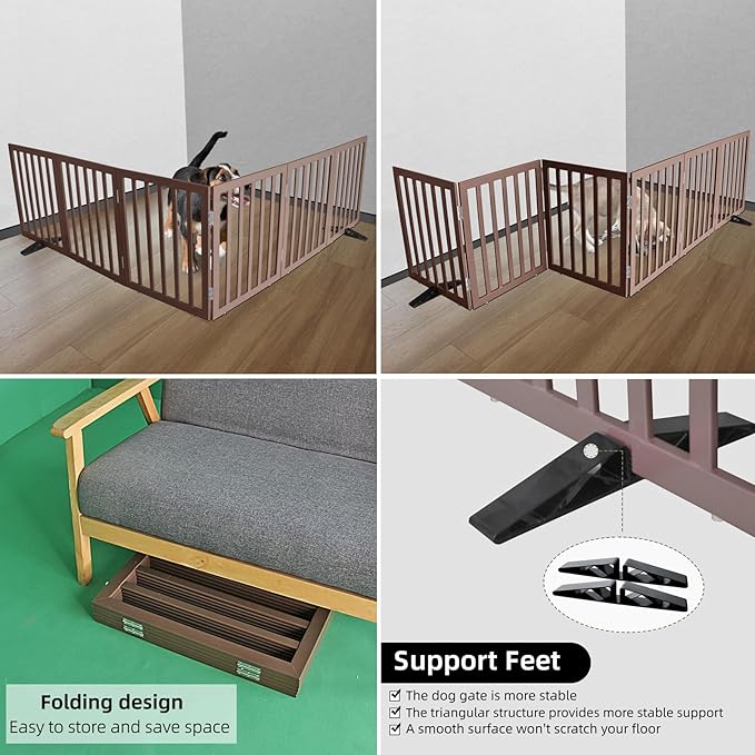 ZJSF Freestanding Indoor Dog Gate for House Foldable Wood Puppy Gate for Doorways Pet Gate for Stairs Extra Wide Pet Fence, Brown, 24" Height 6 Panels