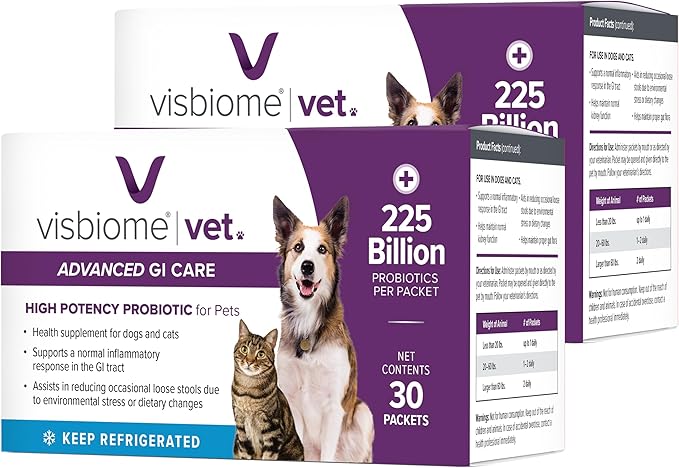 Visbiome® Vet Advanced GI Care High Potency Probiotic for Dogs & Cats – 225B CFU, 8-Strain Formula – Refrigerated, Veterinarian Recommended, Clean Label Certified – 60 Packets