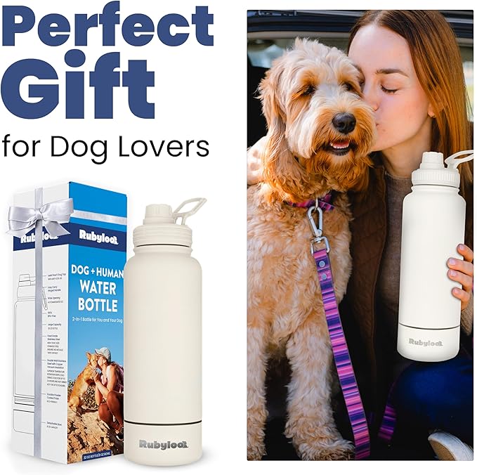Dog Water Bottle for Dog Lovers - 32 oz Stainless Steel Double Wall Insulated Water Bottle with 8 oz Detachable Bowl on Bottom - Gift for Doggy Lovers for Hiking, Walks, Travel - Cream
