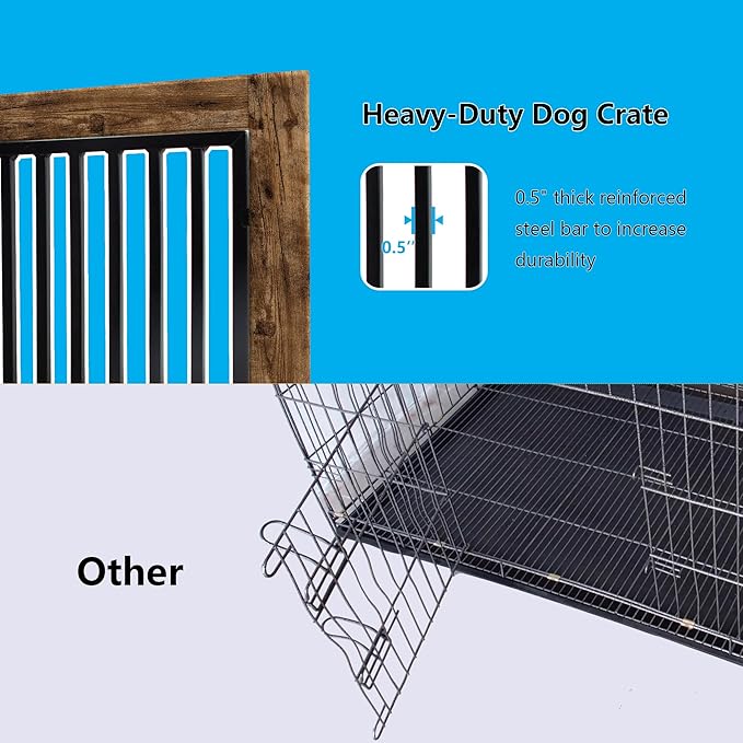 Rustic Brown Heavy Duty Furniture Dog Crate, Wood and Metal Kennel Cage, Pet House End Table with Drawer and Pull-Out Design, Dog Home for Indoor use, Large Size