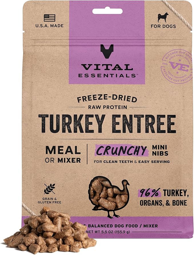 Vital Essentials Freeze-Dried Raw Turkey Meal or Mixer Dog Food Crunchy Mini Nibs, 5.5 oz