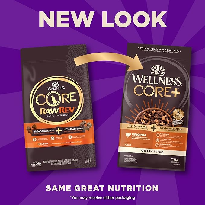 Wellness CORE+ (Formerly RawRev) Natural Grain Free Dry Dog Food, Original Turkey & Chicken with Freeze Dried Turkey, 10-Pound Bag