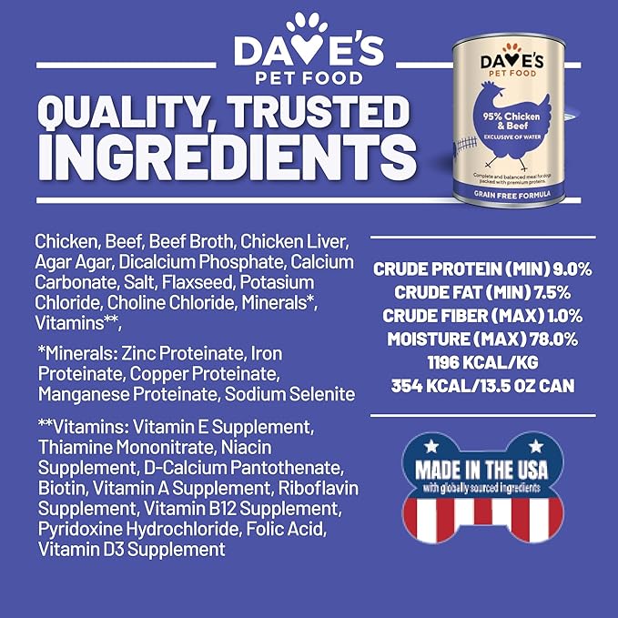 Dave's Pet Food Grain Free Wet Dog Food (95% Chicken & Beef), Made in USA, Limited Ingredients, Added Vitamins & Minerals, 12.5 oz Cans (12 Pack)