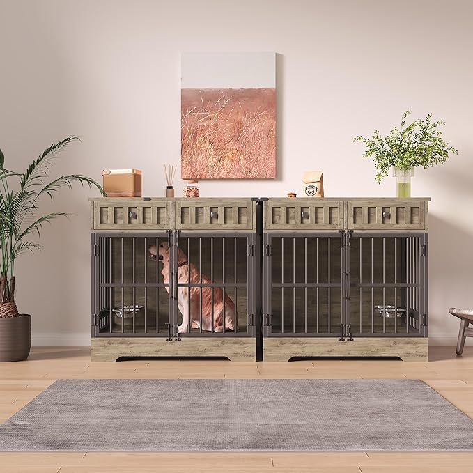 Dog Crate Furniture with 2 Drawers, 35.1" Indoor Wooden Animal Kennel with Detachable & Adjustable Feeder 2 Bowls, Large Medium Small Dog Cage End Table (Brown Gray Alternation)