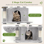 Globlazer Corner Cat Tree for Large Cats, 66inch Tall Curved Series Large Cat Tower for Multiple Indoor Cats with 6 Scratching Posts, 2 Spacious Cat Condos, Hammock, Hanging Basket, C66, Light Grey