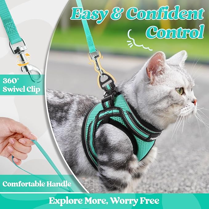 rabbitgoo Cat Harness and Leash Set for Walking Escape Proof, Adjustable Soft Kittens Vest with Reflective Strip for Cats, Comfortable Outdoor Vest,Green,S
