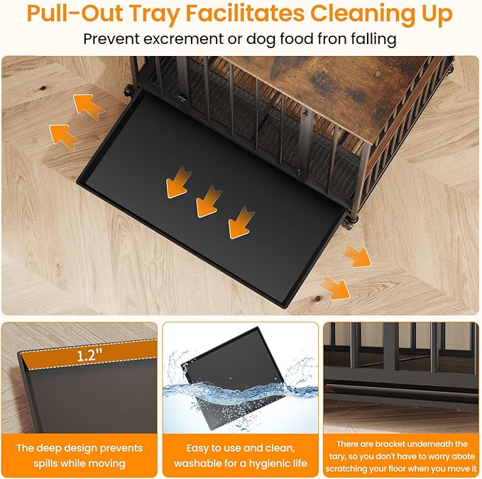 Dog Crate Furniture for Small Dogs, 31 Inch Indoor Puppy Kennel, Wooden Pet Cage Decorative Corner End Table with Caster Wheels & Removable Tray, Rustic Brown