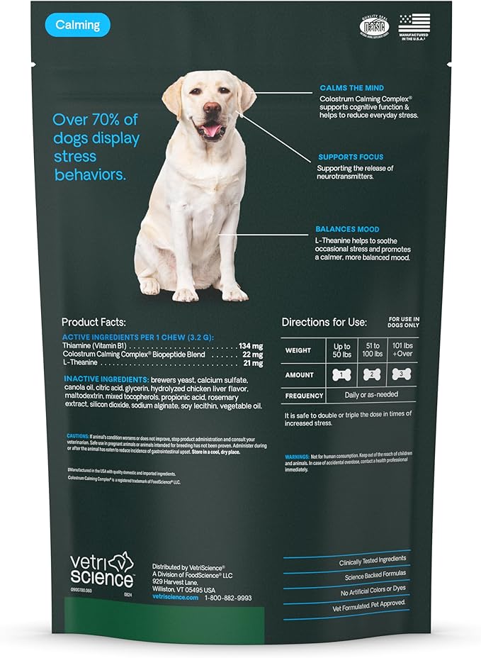 VETRISCIENCE Calm & Confident Chews, Composure Clinically Tested Calming and Anxiety Supplement for Dogs, Reduce Stress and Fear, Ideal for Thunderstorms, Fireworks and Travel, Chicken, 60 Count