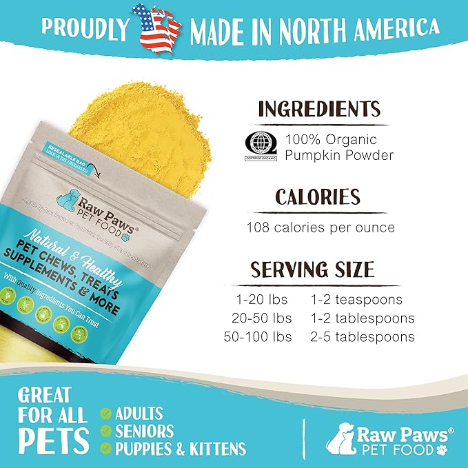 Raw Paws Organic Pumpkin Powder for Dogs & Cats (8-Ounce) - Made in USA - Diarrhea & Constipation Relief - Anti Scoot Powdered Pumpkin for Dog - Fiber for Dogs - Dried Food Topper
