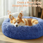 JOLLYVOGUE Small Dog & Cat Beds for Indoor Cats, Donut Cuddler Warming Soft Dog Beds with Anti-Slip Bottom, Round Calming Fluffy Plush Faux Fur Cushion Bed for Small Dogs (23", Navy Blue)