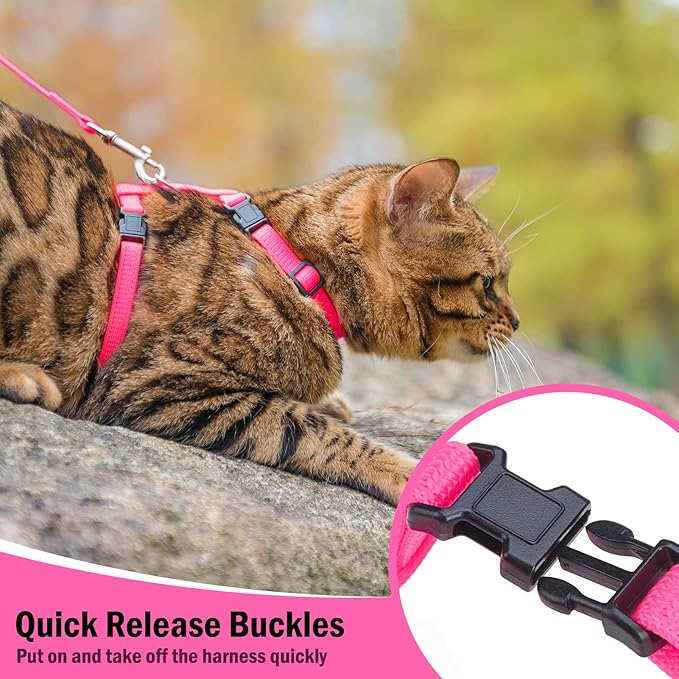PUPTECK Adjustable Cat Harness and Leash Set Escape Proof Kitten Strap Collar for Walking Travel, Hot Pink
