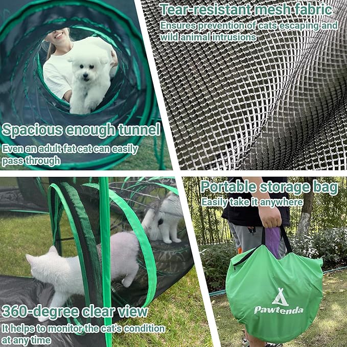 4-in-1 Outdoor Cat Enclosure, Enclosed Cat Tent Include 2 Tents & 2 Tunnels, Portable Pet Playpen for Kitty and Small Animal Within Storage Bag, Support Expansion