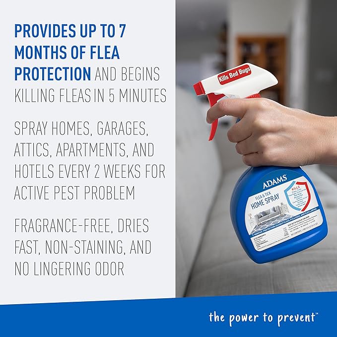 ADAMS Flea & Tick Home Spray, Kills Fleas, Flea Eggs, Flea Larvae, Bed Bugs, Ticks, Ants (Except Carpenter, Harvester, Pharaoh & Fire Ants), Cockroaches, Spiders, & Mosquitoes In The Home, 24 Fl Oz