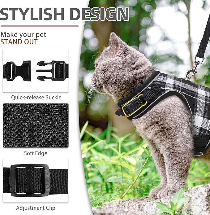 PUPTECK Soft Mesh Cat Vest Harness and Leash Set Puppy Padded Pet Harnesses Escape Proof for Cats Small Dogs Rabbits Bunny, Plaid Black, L