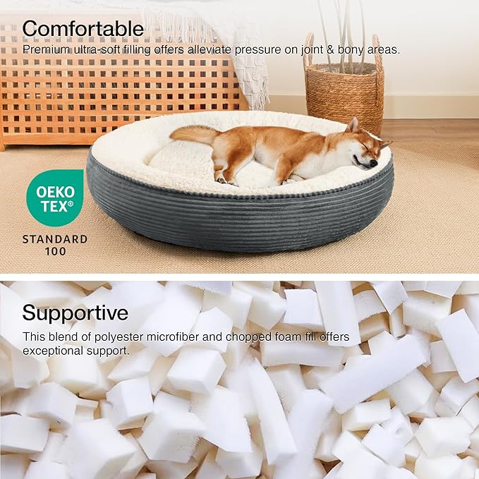 Love's cabin Round Donut Cat and Dog Cushion Bed, 36in Pet Bed for Cats or Small Dogs, Anti-Slip Water-Resistant Bottom, Super Soft Durable Fabric Pet beds, Washable Cat Dog Bed Stripe Bluish Grey