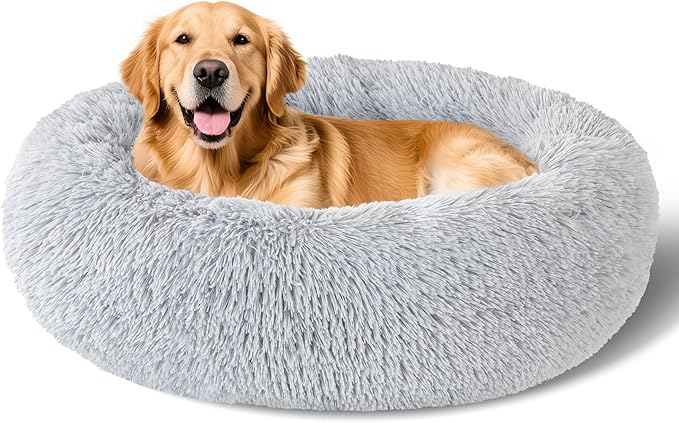 Dog Calming Beds for Small Medium Large Dogs - Round Donut Washable Dog Bed, Anti-Slip Faux Fur Fluffy Donut Cuddler Anxiety Cat Bed(36" Light Gray)