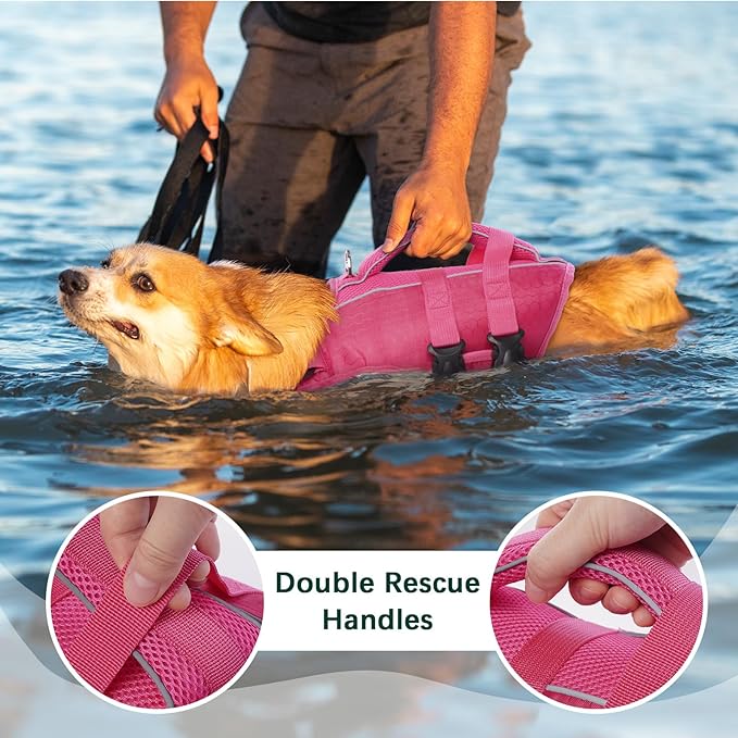 Kuoser Dog Life Jacket High Flotation, Reflective Dogs Life Vest for Swimming Boating, Adjustable Small Medium Large Dog lifejacket, Lightweight Dogs Life Preserver Rescue Handle Spring Summer Pool