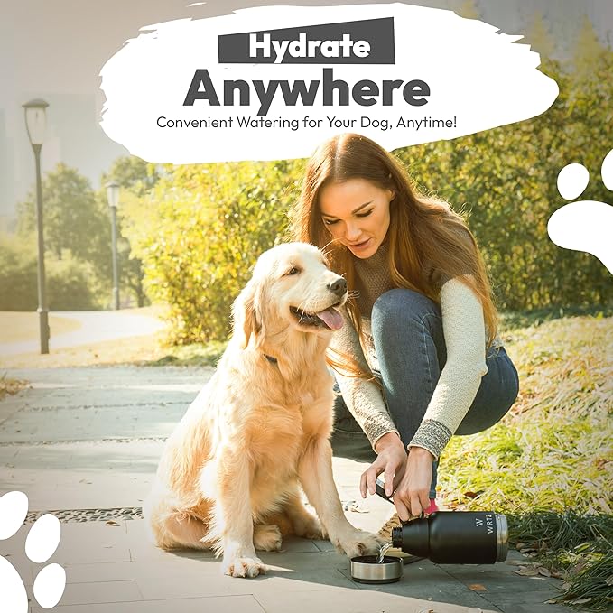 Stainless Steel Insulated Water Bottle with 2 Removable Water Bowls for Dogs – Leak-Proof Eco-Friendly Portable Dog Water Bottle - Travel Accessories for Dogs - 32oz - Black