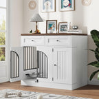 Multi-Functional Dog Crate Furniture, 37 Inch Wooden Dog Crate with Storage & 360° Rotating Bowls, Dog Kennel Furniture for Small to Large Breeds