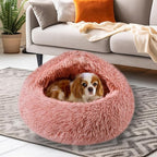 Calming Dog Beds & Cat Cave Bed with Hooded Cover,Washable Round Beds for Small Medium Pets,Anti-Slip Faux Fur Fluffy Coved Bed,Comfortable Warming Pet Bed(24 * 24inch,Leather Pink)