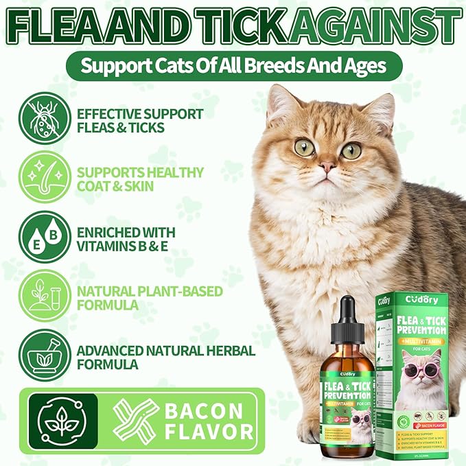 Flea & Tick Support for Cats – Natural Herbal Drops with Multivitamin – Fleas and Ticks Comfort Formula for Cat All Breeds & Ages – Bacon Flavor