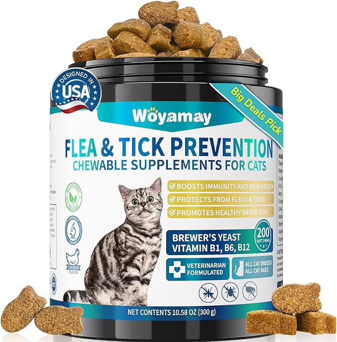 Flea Treatment for Cats, 200 Treats Flea and Tick Prevention for Cats Chewables, Natural Cat Flea and Tick Treatment Chews Daily Oral Flea Supplement, Kitten Cat Flea Treatment, Chicken Flavor