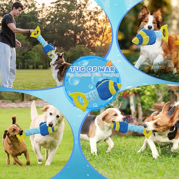 Tug of War Dog Toy, Squeaky Dog Toys, Interactive Fish Puppy Toys with Crinkle Paper to Keep Them Busy