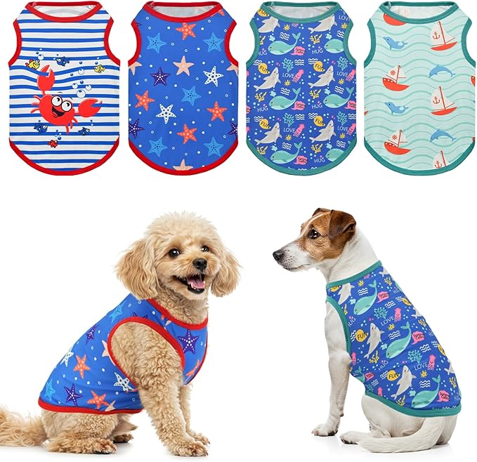 4-Pack Dog Ocean Style Shirts Puppy Summer Tank Tops Cute Ocean Animals Sailboat Pattern Outfits for for Small Dogs Boy Girl Dog Cooling Clothes for Small Medium Dogs XXL