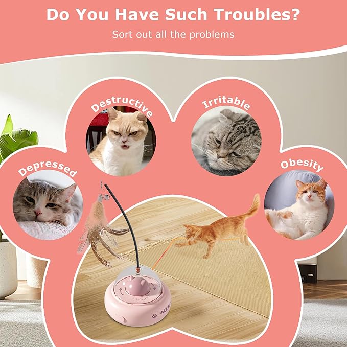 hooroor Laser Cat Toy for Indoor Cats,2 in 1 UFO-Vehicle Automatic Motion with Feather,Rechargeable Electronic Smart Sensor,Interactive Toys for Bored Cats/Kittens/Dogs,Ideal Gift (Pink Updated)