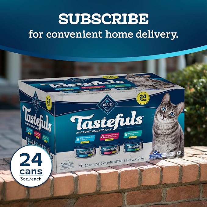 Blue Buffalo Tastefuls Flaked Wet Cat Food Variety Pack, Made with Natural Ingredients, Tuna, Chicken, Fish & Shrimp, 5.5-oz Cans (24 Count, 8 of Each)