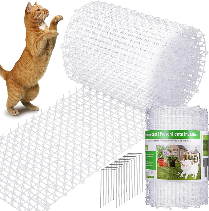 Sanwuta 2 Pcs 26.3 ft Cat Spike Mat Outdoor Cat Deterrent Mat with Spikes Prickle Strips Indoor Dog Digging Deterrent Anti Network Spikes with 10 Staples for Garden Fence(White)