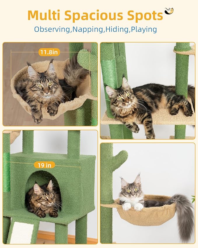 Cat Tree Floor to Ceiling with 18.9in Big Perch Bed and Condo for Large Adult Cats, 86in-108in Heavy Duty Cat Tower for Indoor Cat Pet, Cactus Green