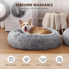 Donut Dog Bed Medium Size Dog, Round Cat Beds for Small Medium Dogs and Cats with Washable Fluffy Faux Fur, Cute Comfort Pet Bed with Anti-Slip Bottom, Grey, 30"
