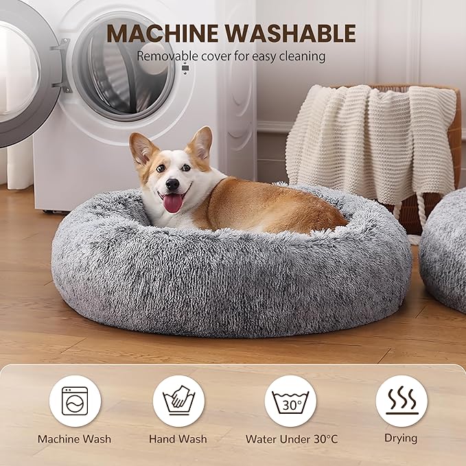 Donut Dog Bed Medium Size Dog, Round Cat Beds for Small Medium Dogs and Cats with Washable Fluffy Faux Fur, Cute Comfort Pet Bed with Anti-Slip Bottom, Grey, 30"
