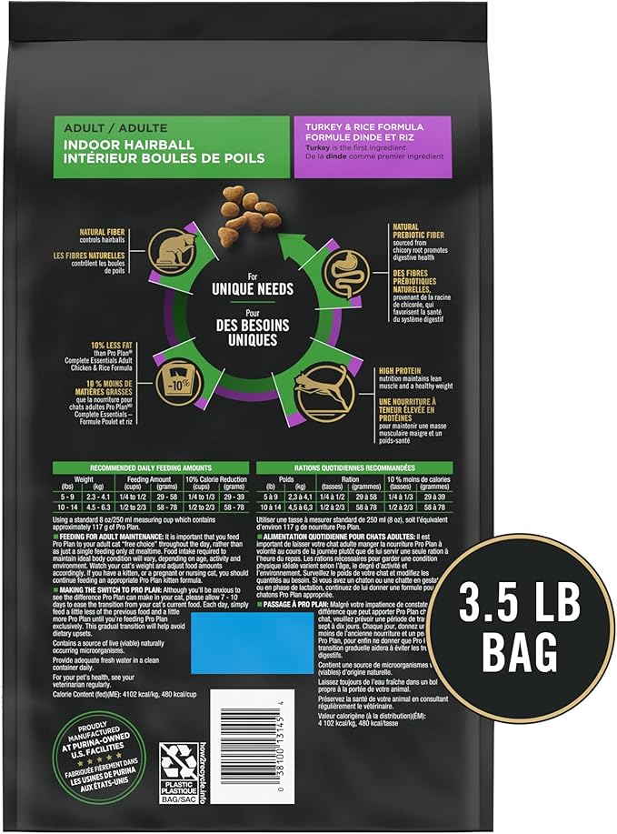 Purina Pro Plan Hairball Management, Indoor Cat Food, Turkey and Rice Formula - 3.5 lb. Bag