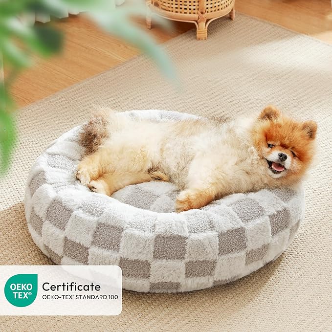 Love's cabin Round Donut Cat and Dog Cushion Bed, 20in Pet Bed for Cats or Small Dogs, Anti-Slip & Water-Resistant Bottom, Super Soft Durable Fabric Pet beds, Washable Luxury Cat & Dog Bed Grey Plaid