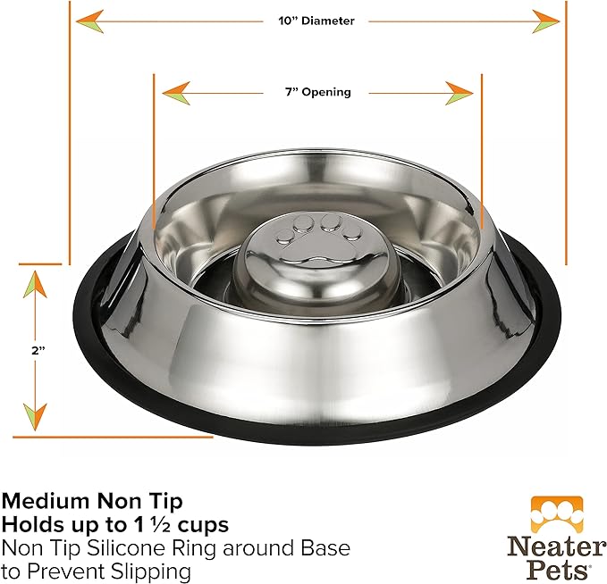 Neater Pet Brands Stainless Steel Slow Feed Bowl - Non-Tip & Non-Skid - Stops Dog Food Gulping, Bloat, Indigestion, and Rapid Eating (1-1/2 Cup)