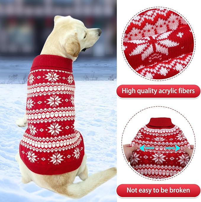 KOOLTAIL Cable Knit Dog Sweater Turtleneck, Cold Weather Pullover Classic Knitwear, Snowflake Pattern Thick Warm Winter Pet Clothes, Dog Christmas Sweater for Small Medium Large Dogs, Red L
